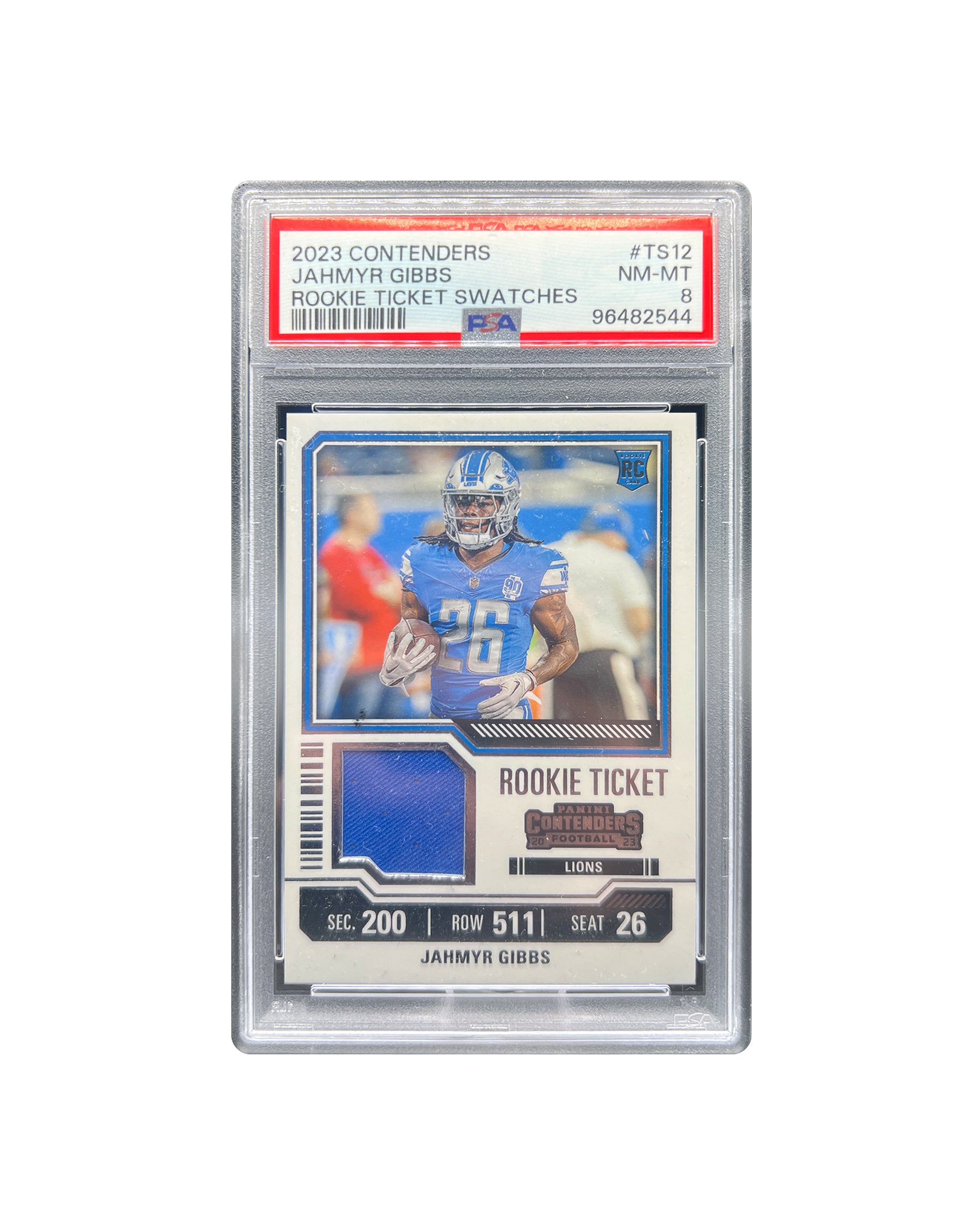 Jahmyr Gibbs Rookie Ticket Swatch PSA 8